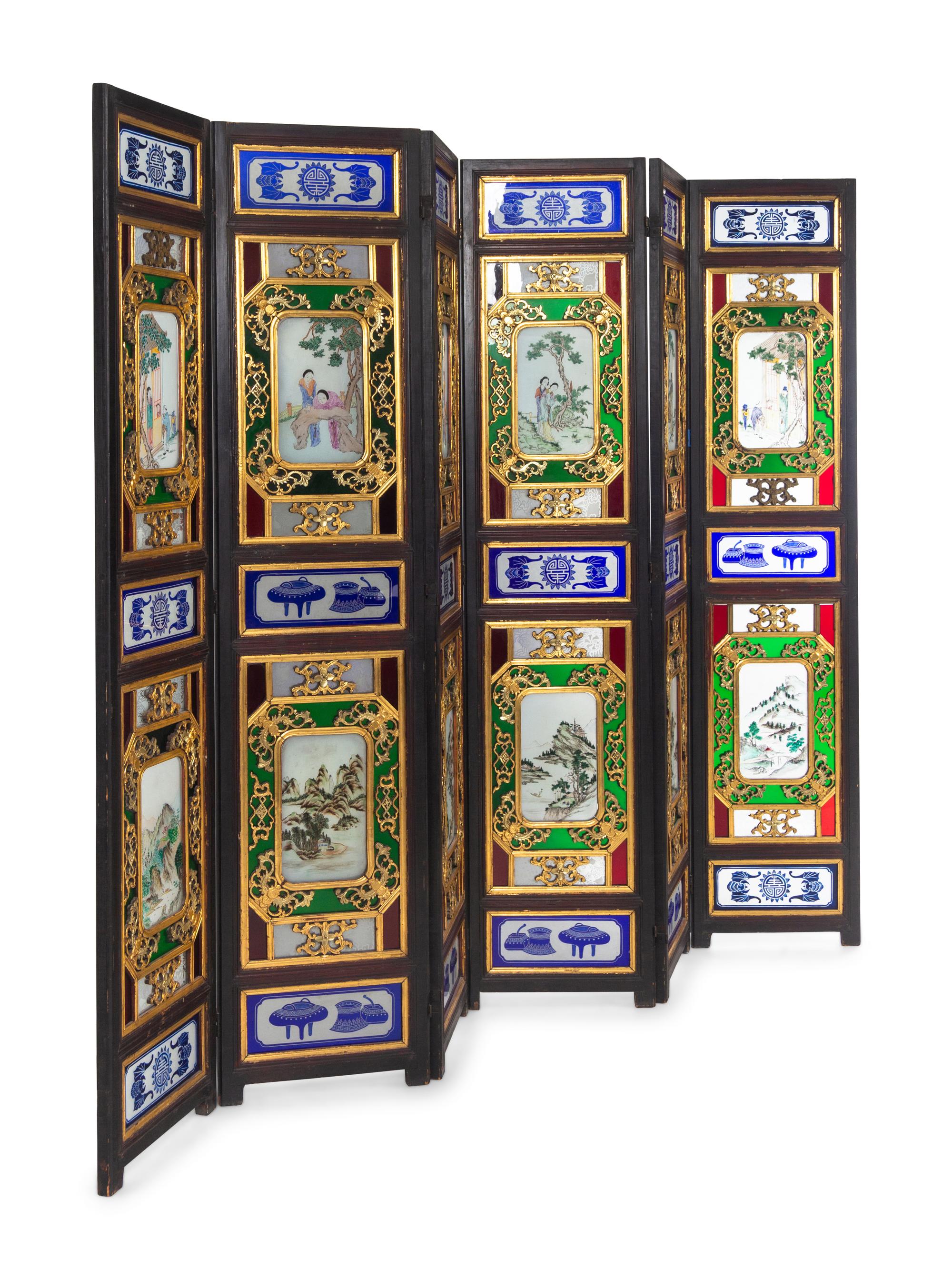 A Chinese Painted Glass Inset Gilt Decorated Hardwood Six-Panel Floor Screen