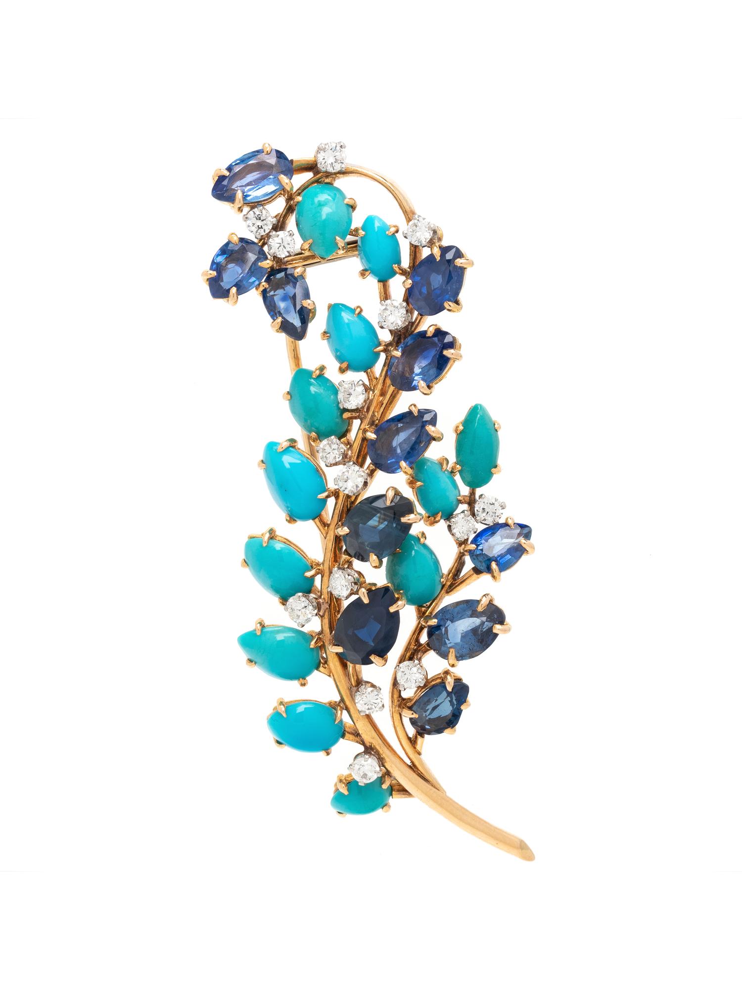 R. BARREY, FRENCH, SAPPHIRE, TURQUOISE AND DIAMOND BROOCH