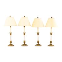A Set of Four Continental Gilt Metal and Cut Glass Candlesticks Mounted as Lamps