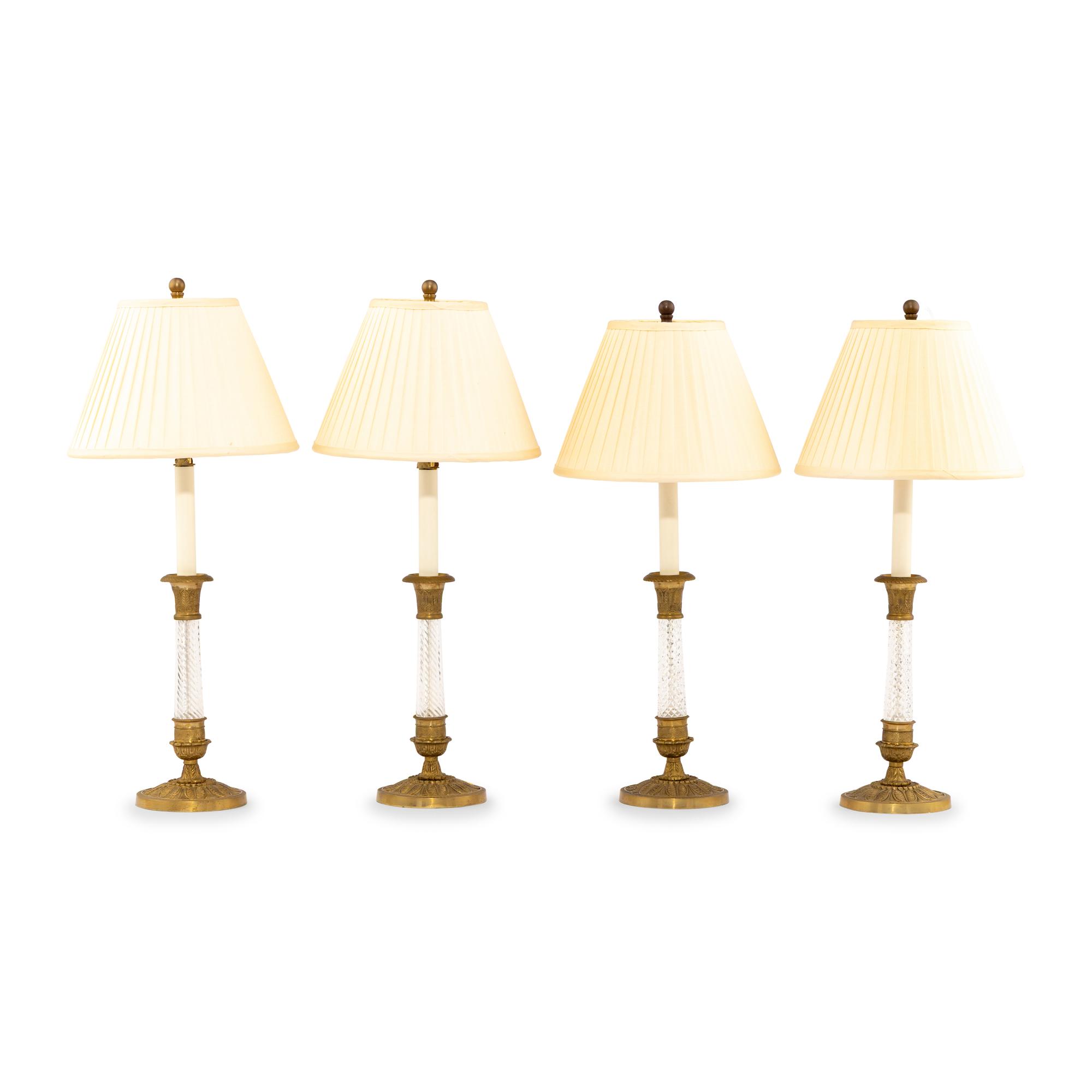 A Set of Four Continental Gilt Metal and Cut Glass Candlesticks Mounted as Lamps
