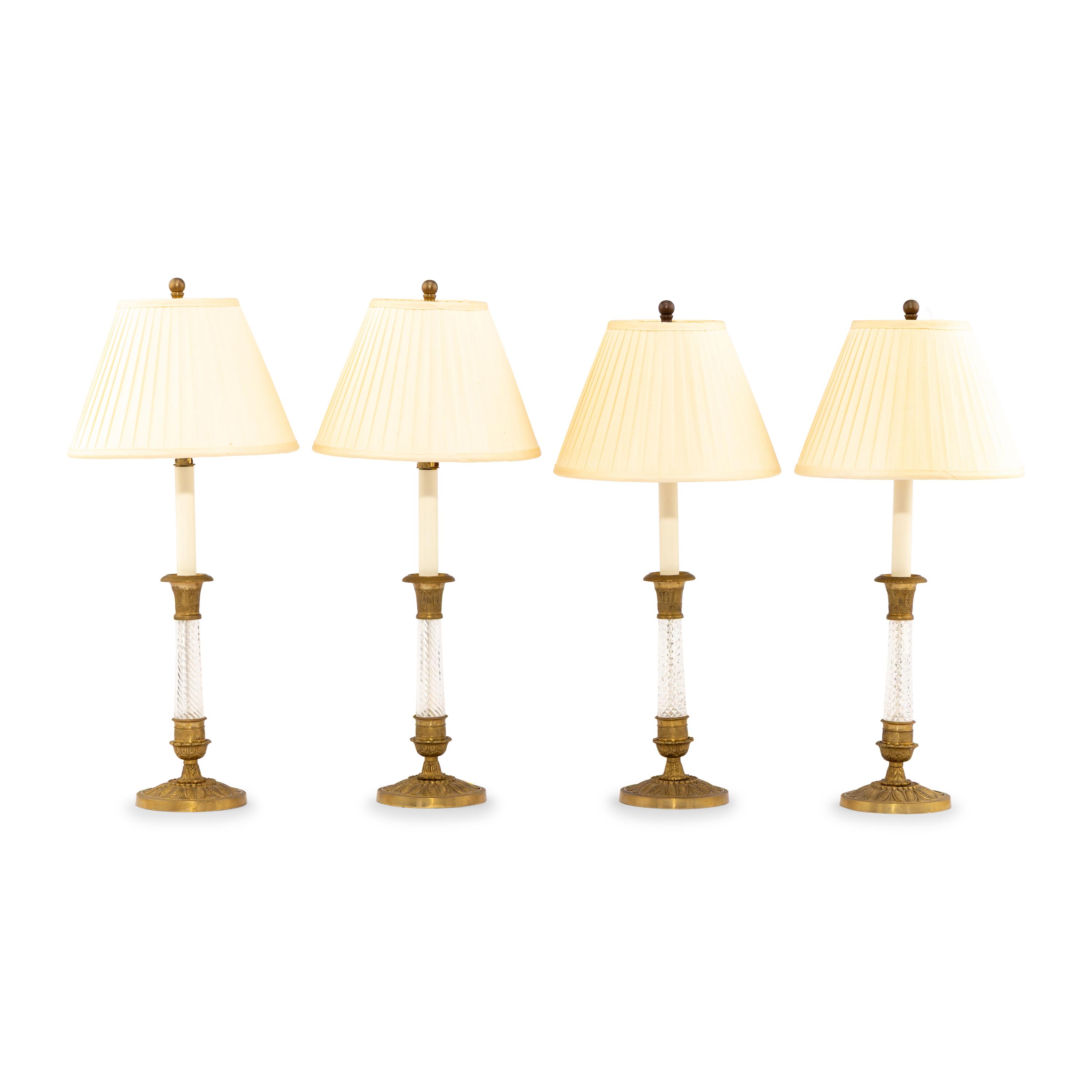 A Set of Four Continental Gilt Metal and Cut Glass Candlesticks Mounted as Lamps