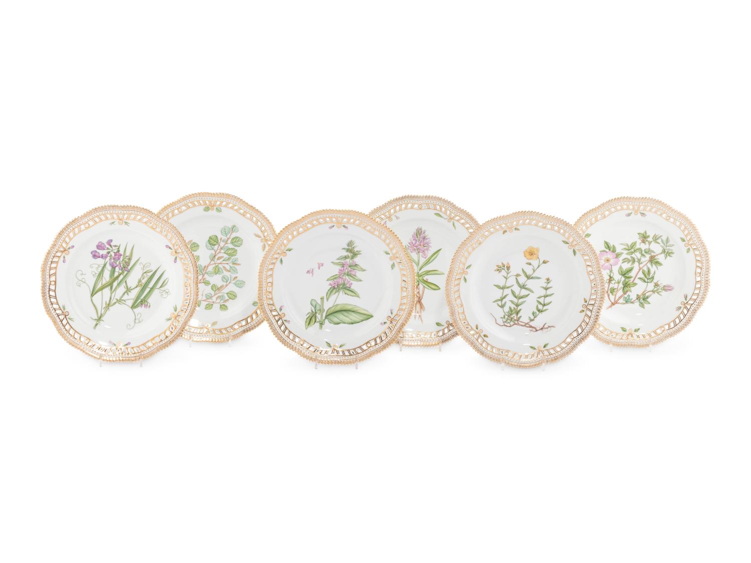 A Set of Six Royal Copenhagen Flora Danica Reticulated Porcelain Luncheon Plates