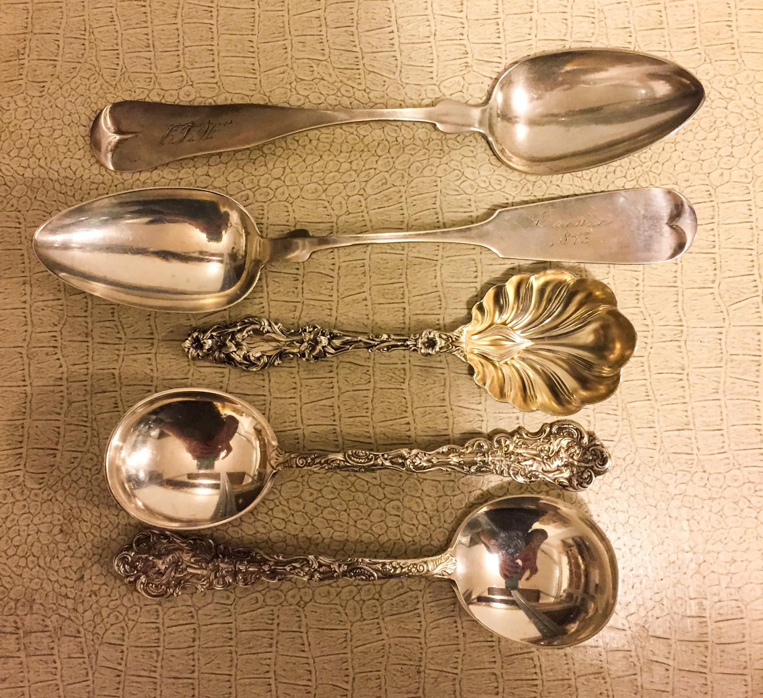 A Group of American Silver Serving Articles, Various makers, comprising six table spoons, serving spoon, berry spoon, two sugar scoops,