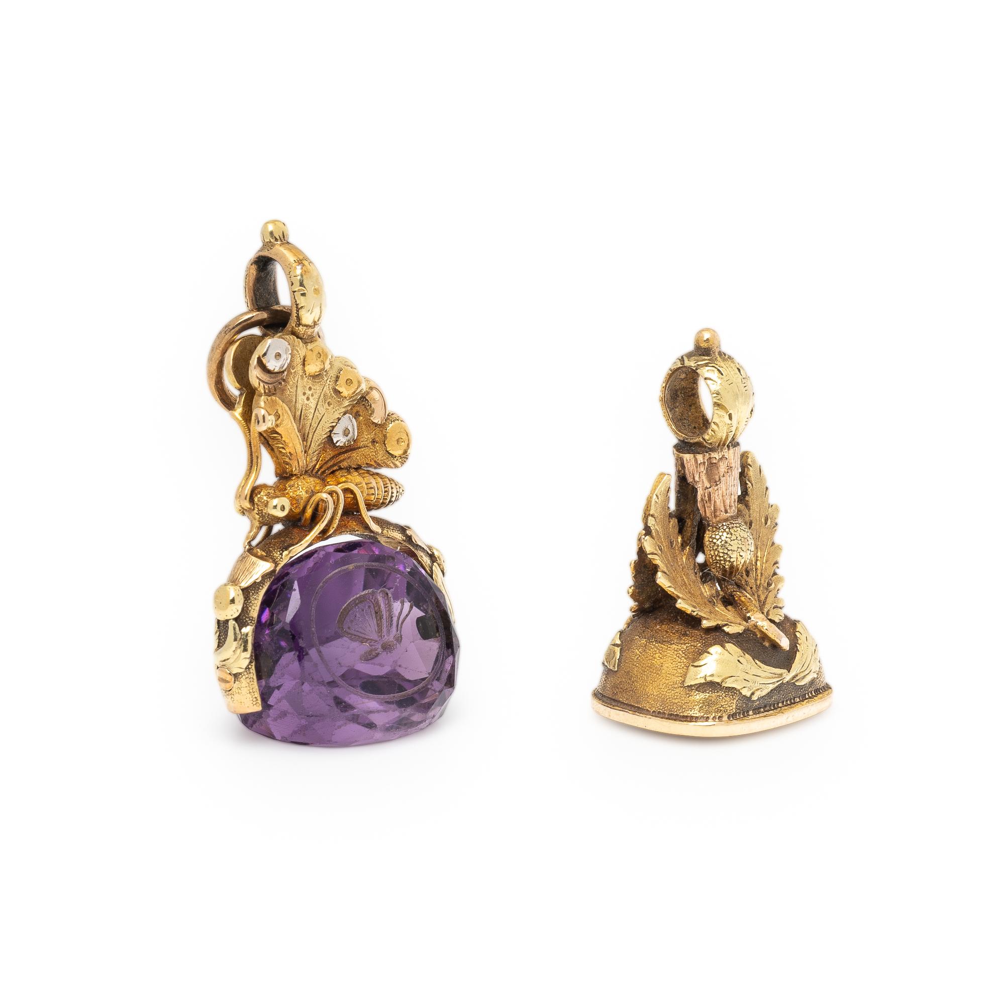 Tricolor Gold and Amethyst Seal and Bicolor Gold and Bloodstone Watch Fob