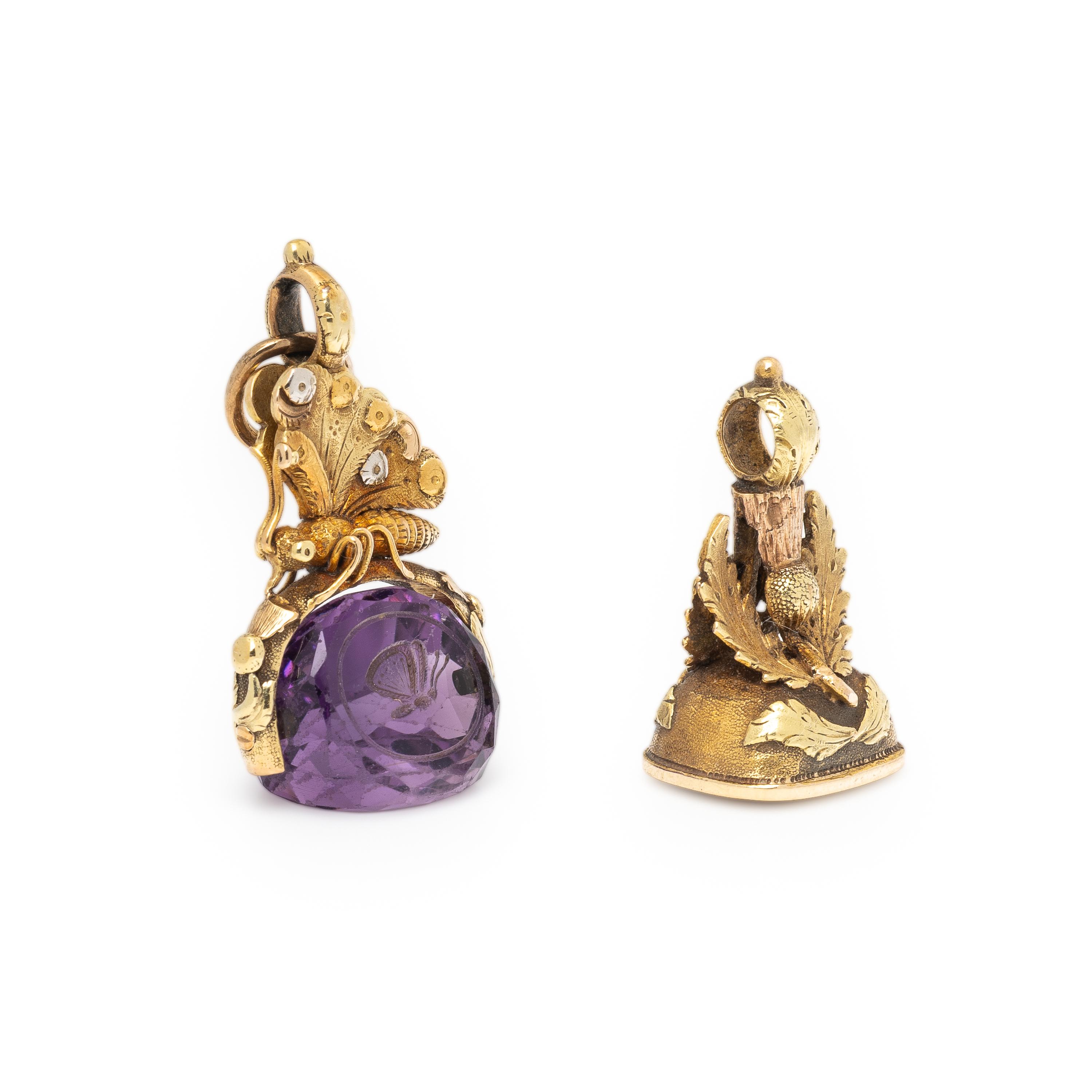 Tricolor Gold and Amethyst Seal and Bicolor Gold and Bloodstone Watch Fob