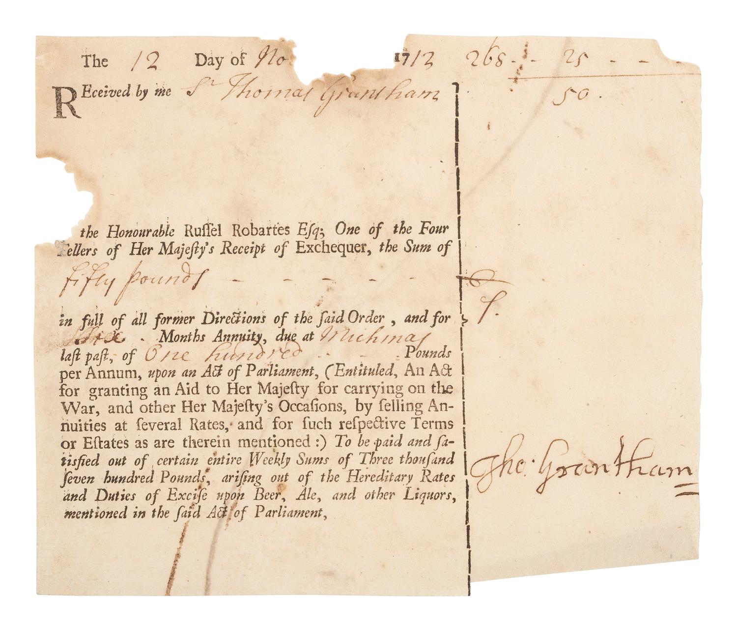 [COLONIAL] -- [BACON'S REBELLION]. GRANTHAM, Sir Thomas. British Exchequer receipt signed.