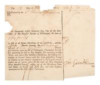 [COLONIAL] -- [BACON'S REBELLION]. GRANTHAM, Sir Thomas. British Exchequer receipt signed.