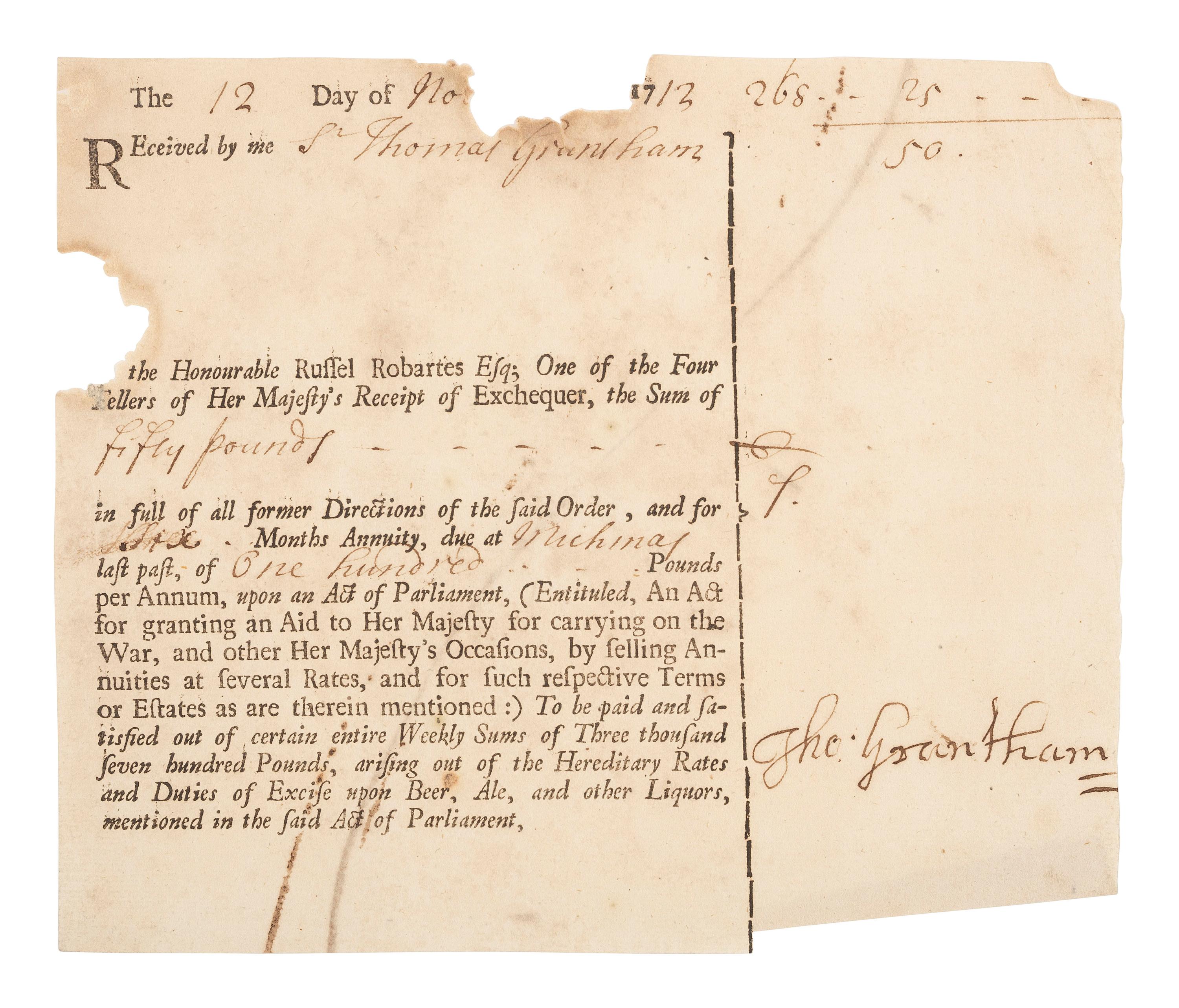 [COLONIAL] -- [BACON'S REBELLION]. GRANTHAM, Sir Thomas. British Exchequer receipt signed.