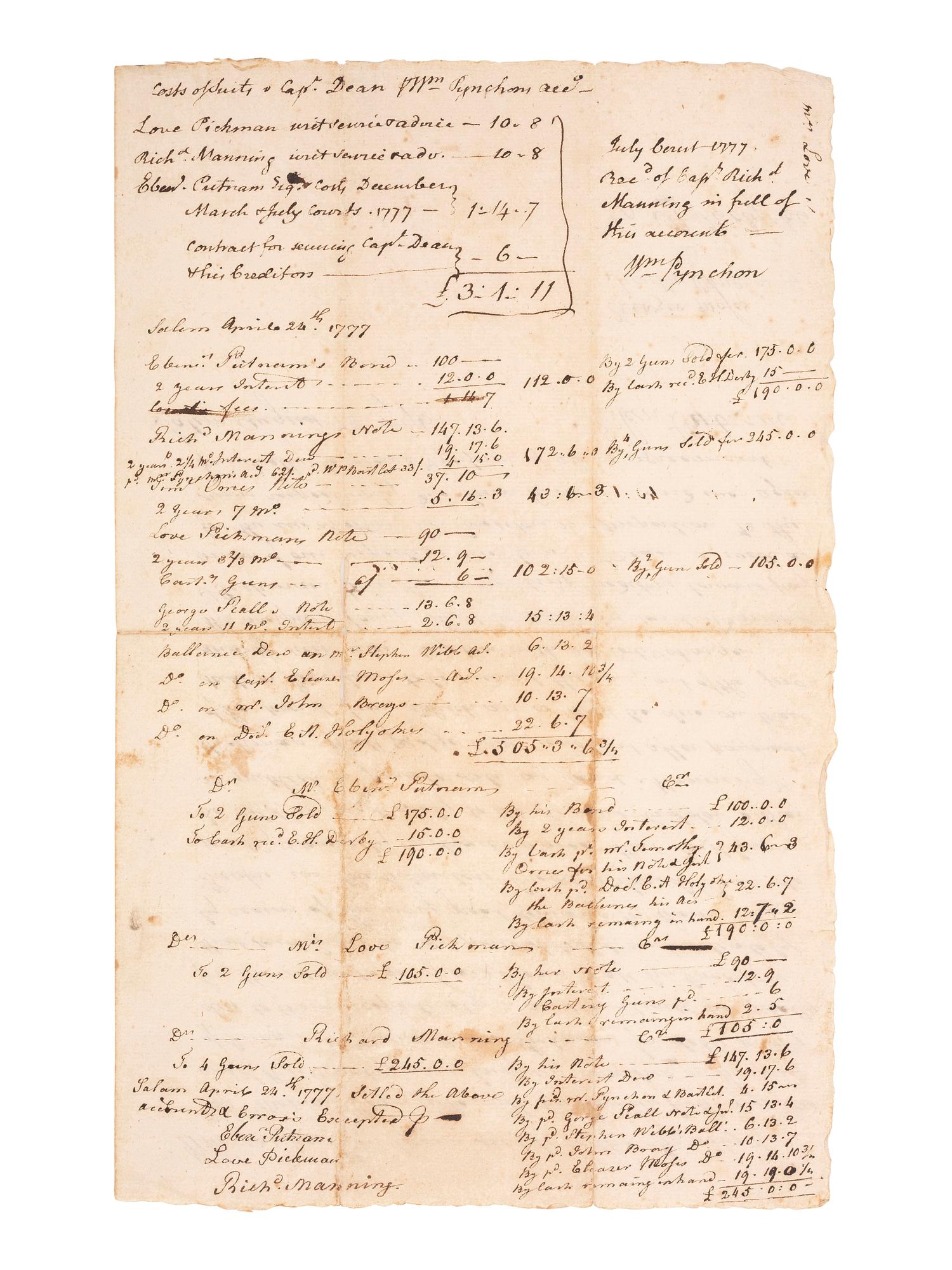 [REVOLUTIONARY WAR]. Manuscript document recording the sale of six cannons formerly belonging to Captain Thomas Dean (ca 1723-1802) of Salem, Massachusetts. Salem, 28 August 1776.