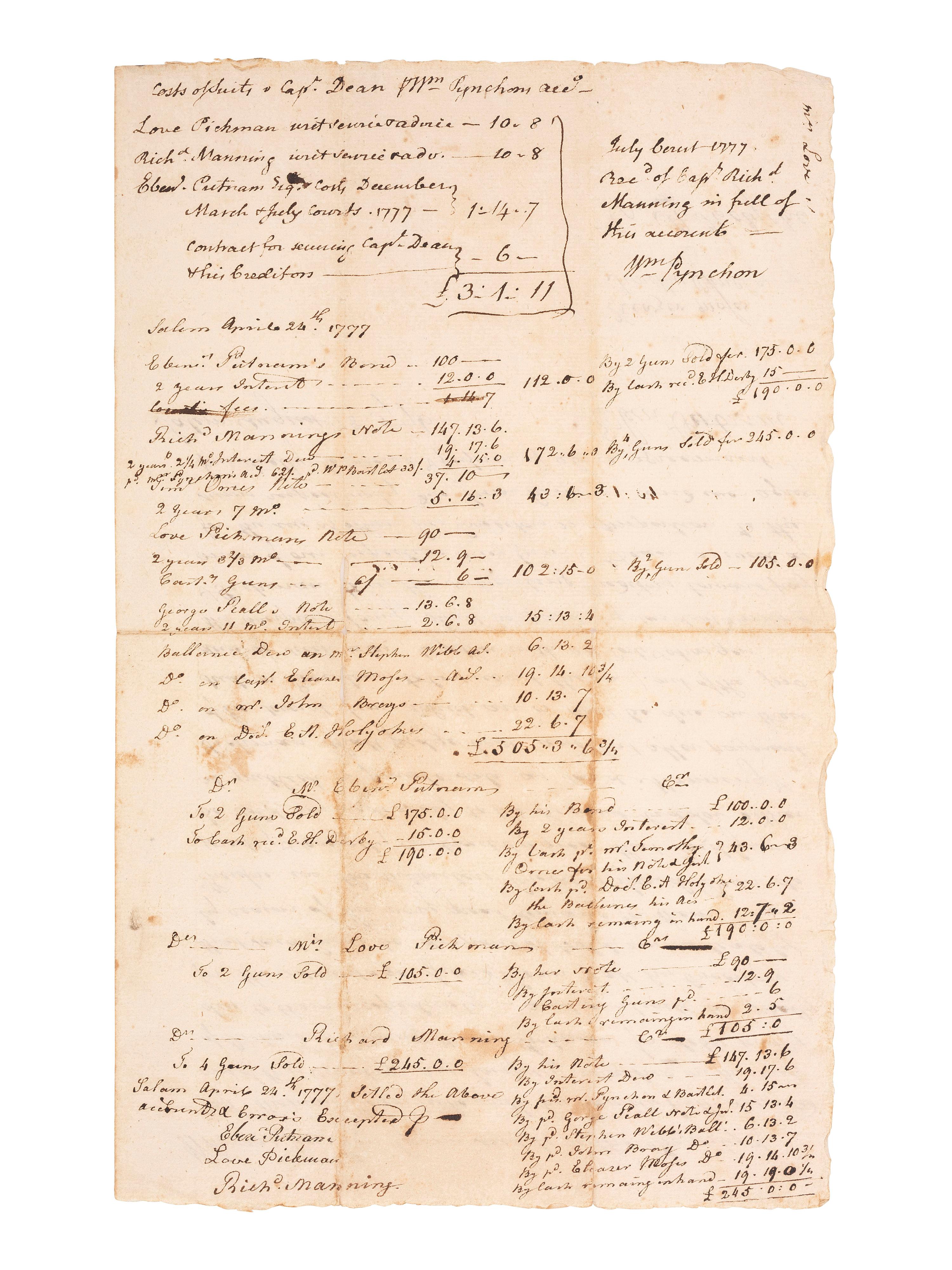 [REVOLUTIONARY WAR]. Manuscript document recording the sale of six cannons formerly belonging to Captain Thomas Dean (ca 1723-1802) of Salem, Massachusetts. Salem, 28 August 1776.