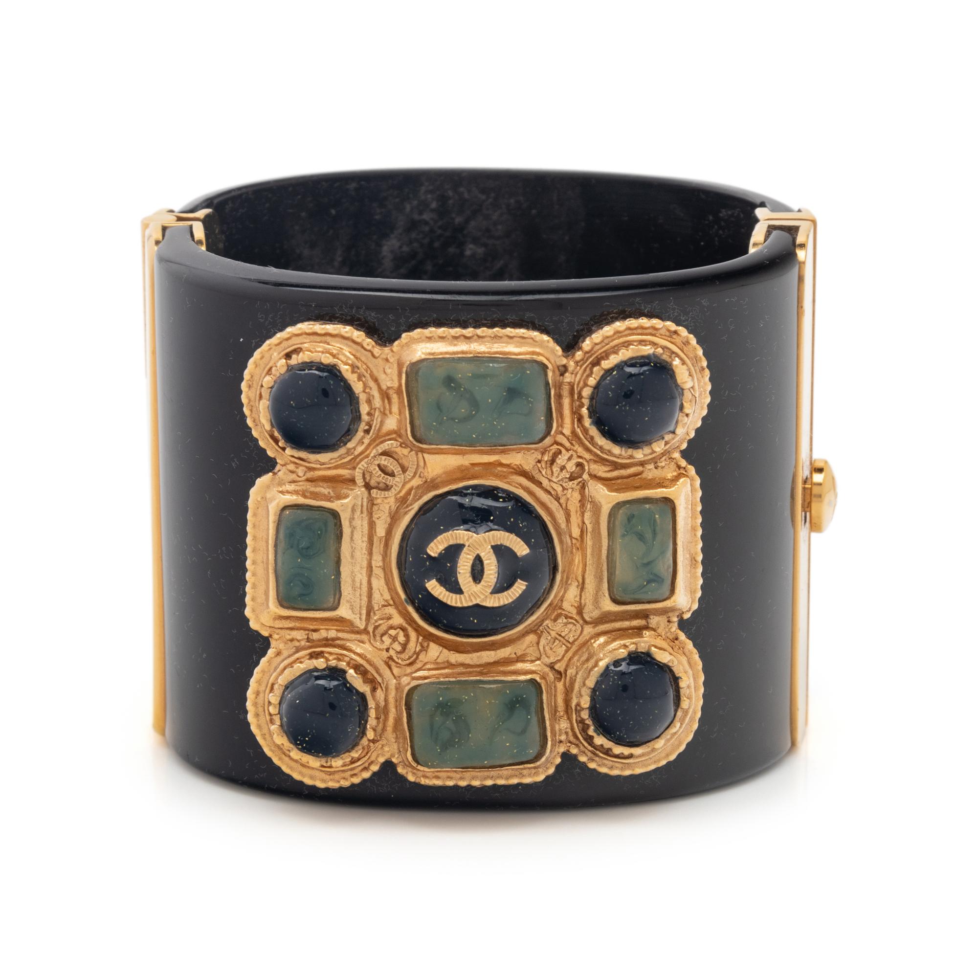 Chanel Black Resin and Gold-Tone Metal Cuff