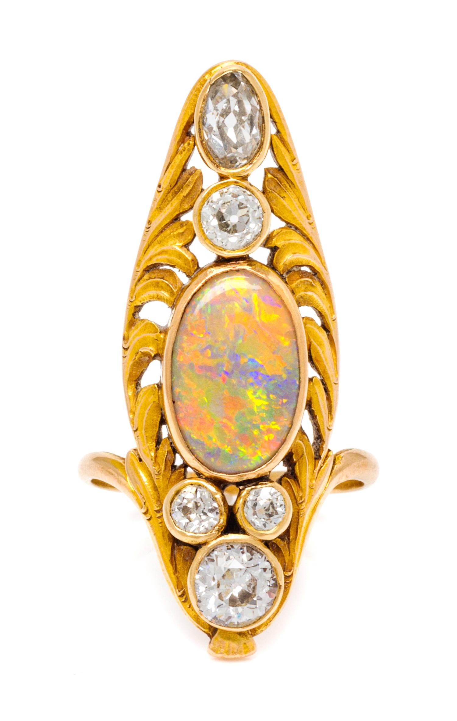 An Art Nouveau Yellow Gold, Opal and Diamond Ring, 3.00 dwts.