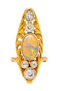 An Art Nouveau Yellow Gold, Opal and Diamond Ring, 3.00 dwts.
