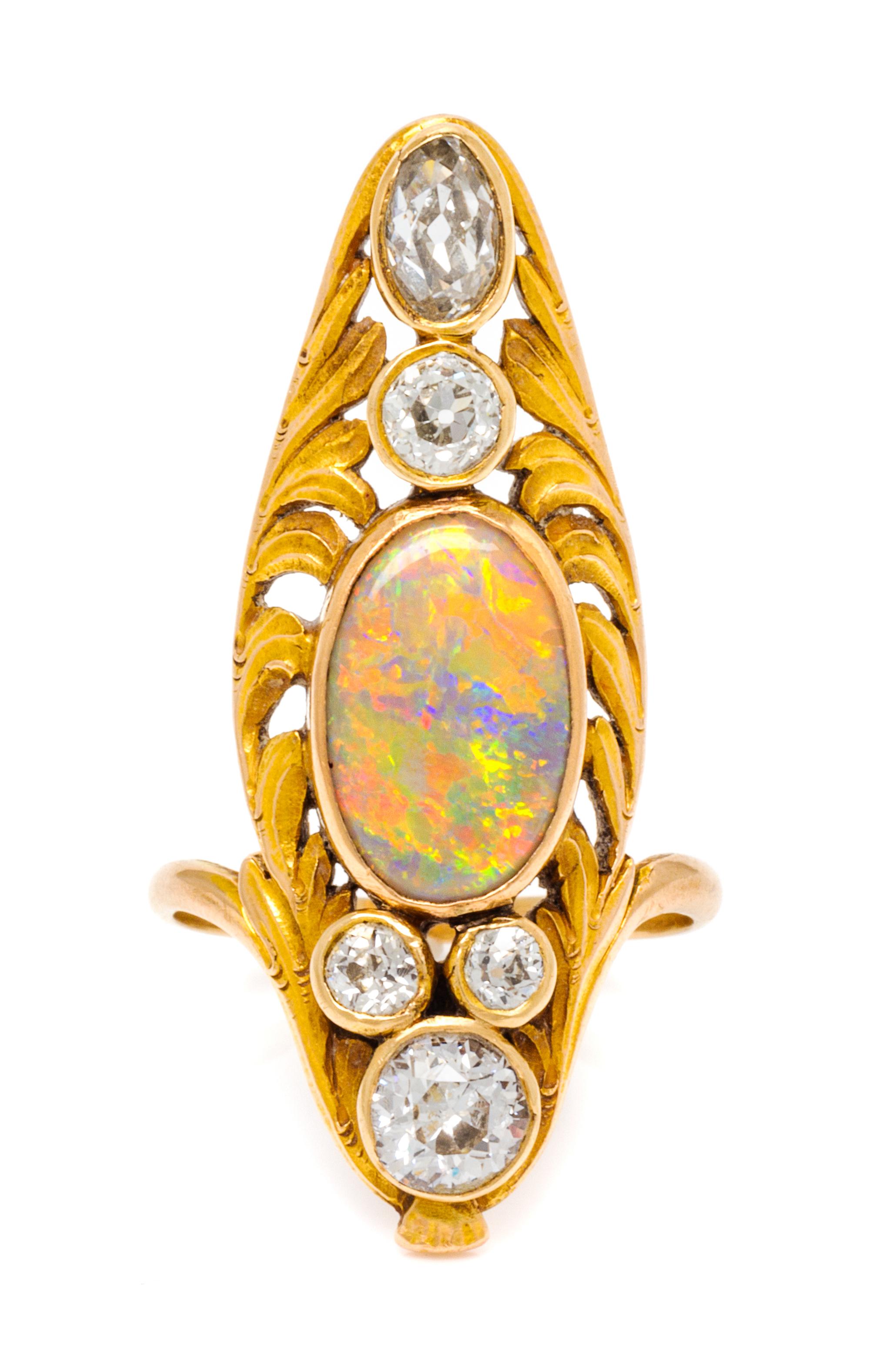 An Art Nouveau Yellow Gold, Opal and Diamond Ring, 3.00 dwts.