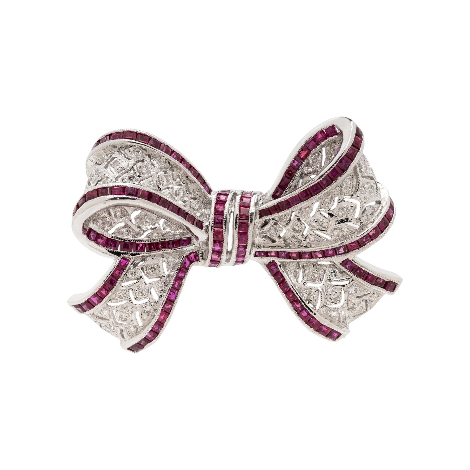 DIAMOND AND RUBY BOW BROOCH