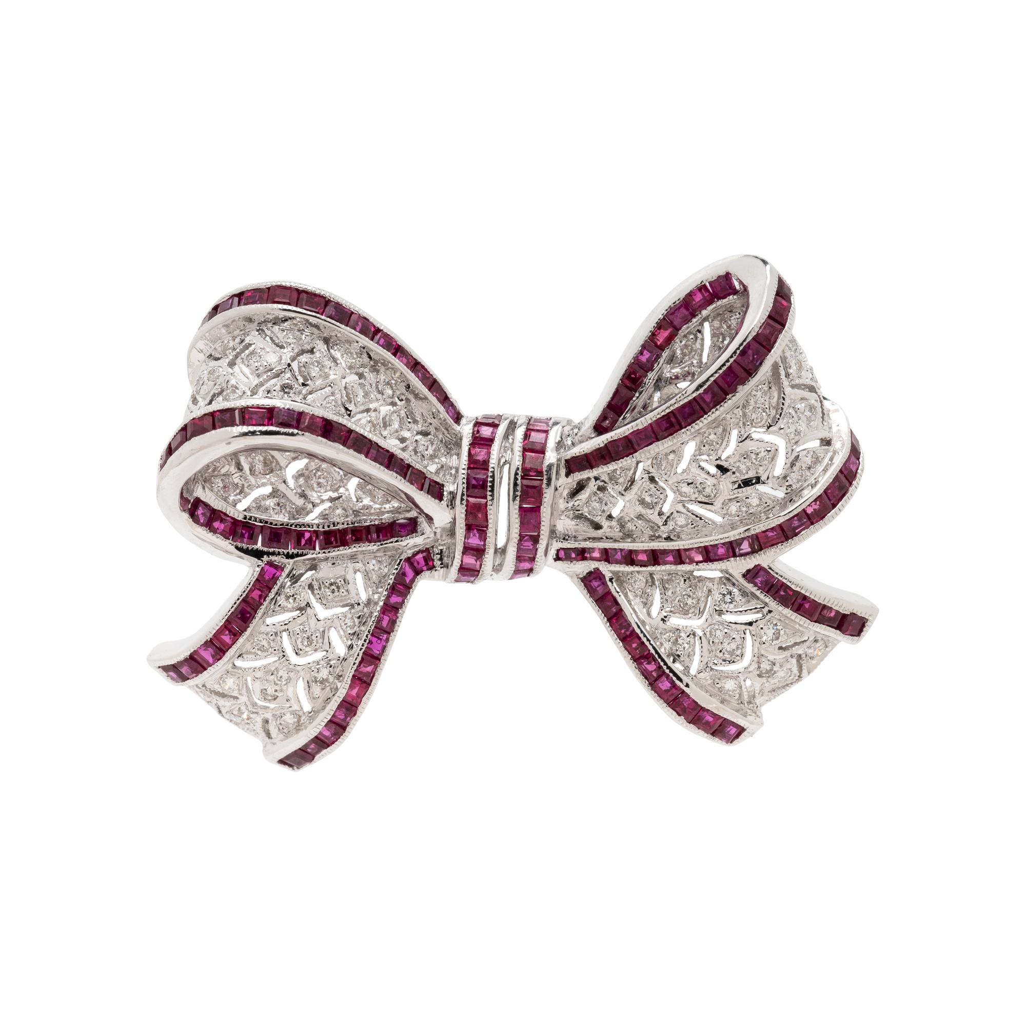 DIAMOND AND RUBY BOW BROOCH