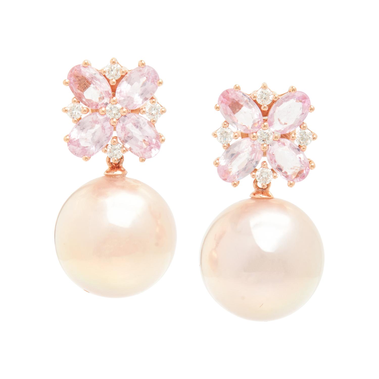 ROSE GOLD, FRESHWATER CULTURED PINK PEARL, PINK SAPPHIRE, AND DIAMOND EARRINGS