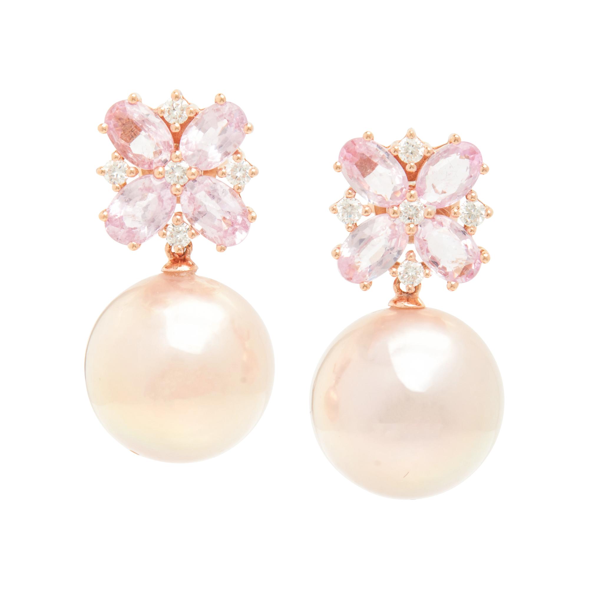 ROSE GOLD, FRESHWATER CULTURED PINK PEARL, PINK SAPPHIRE, AND DIAMOND EARRINGS