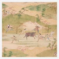 A Japanese six-fold screen depicting hunters in a landscape 日本狩猎图六开屏风 18th/19th century ???????