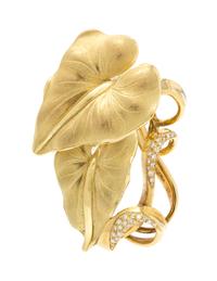 An 18 Karat Yellow Gold and Diamond Leaf Motif Brooch, Italy, 16.60 dwts.