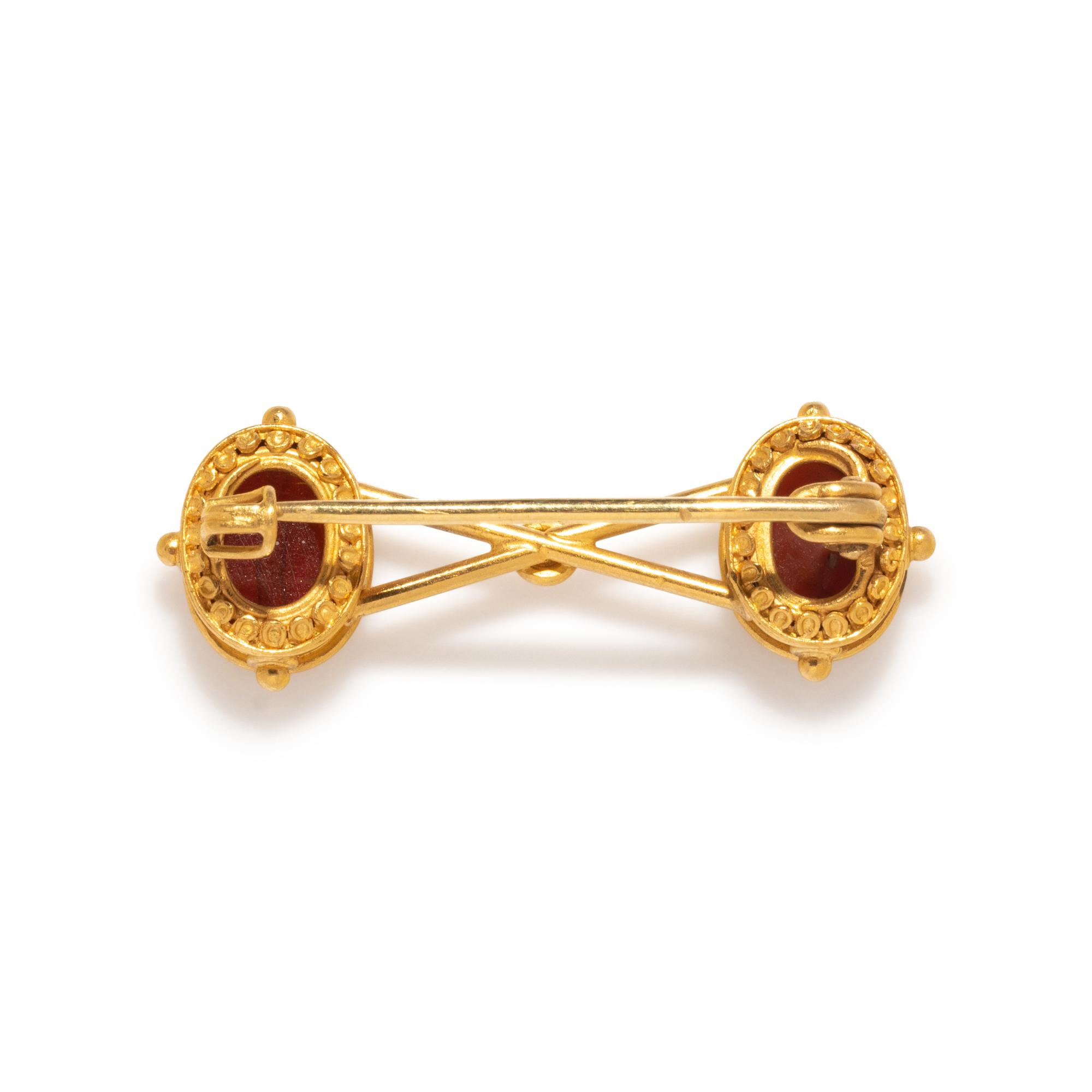Two Roman Carnelian Ring Stones with the Goddesses Minerva and Themis — Set in a gold brooch
