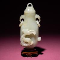 A Chinese Pale Celadon Jade 'Dragon' Covered Vase, 18th/19th Century — 清中期 青白玉螭龍紋雙耳賞瓶