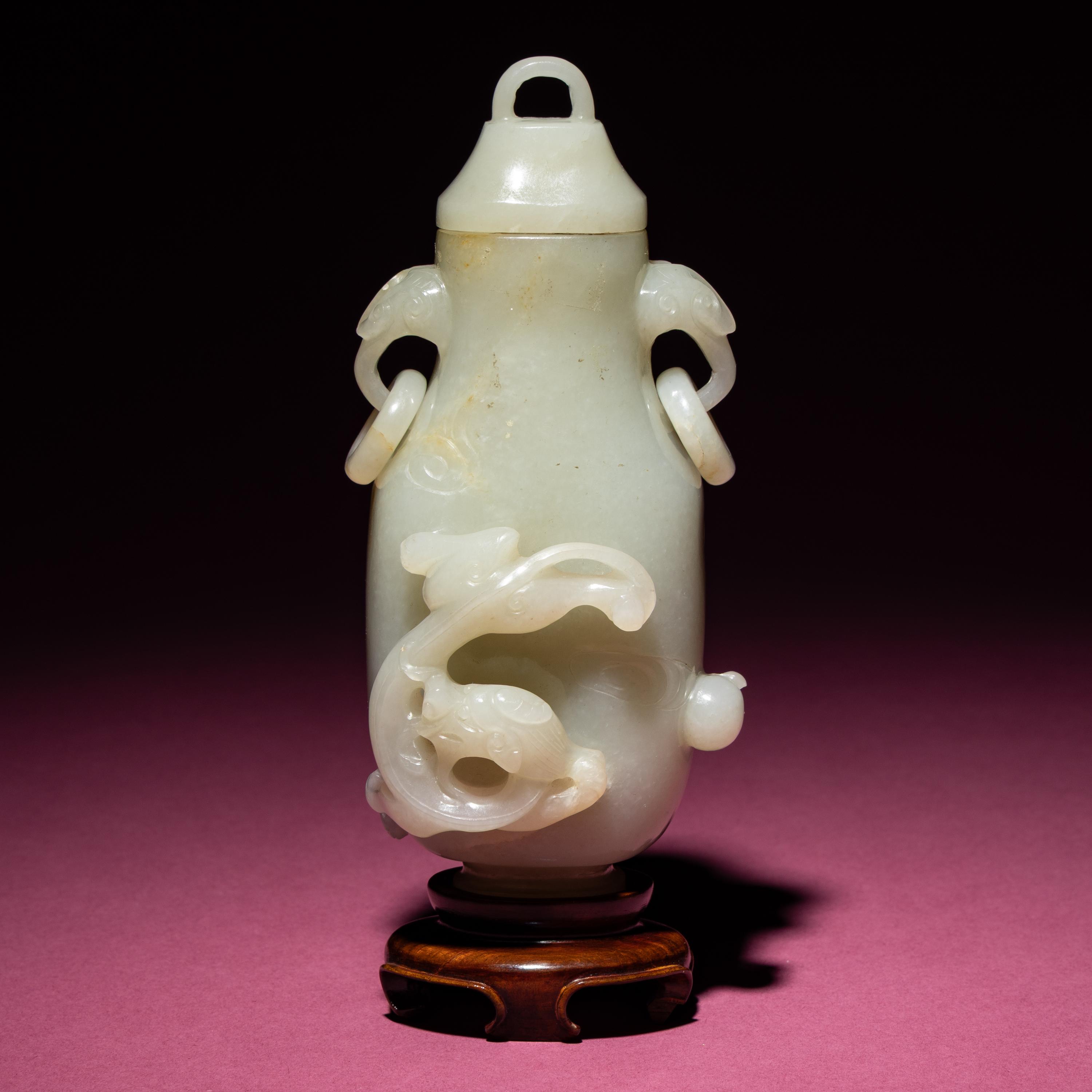 A Chinese Pale Celadon Jade 'Dragon' Covered Vase, 18th/19th Century — 清中期 青白玉螭龍紋雙耳賞瓶