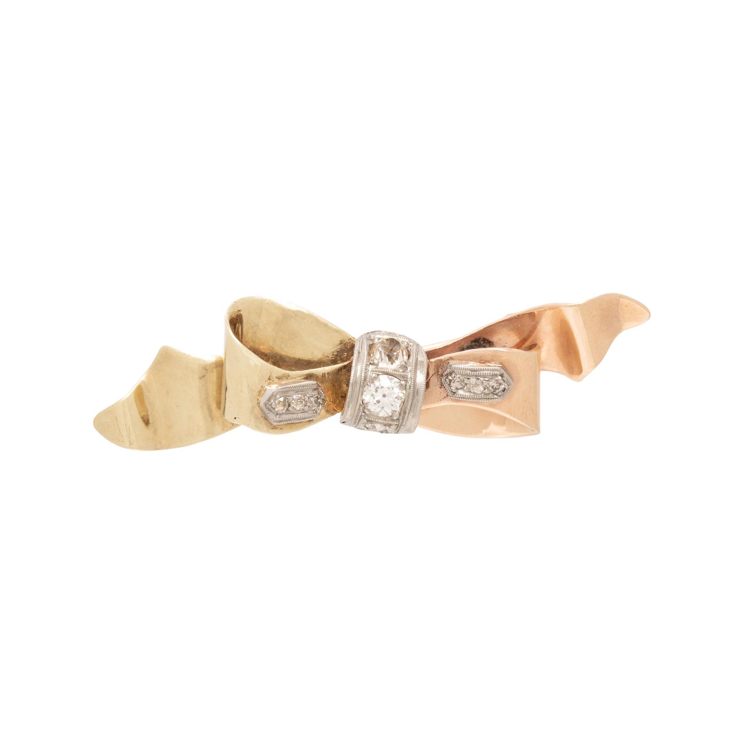 TRICOLOR GOLD AND DIAMOND BOW BROOCH