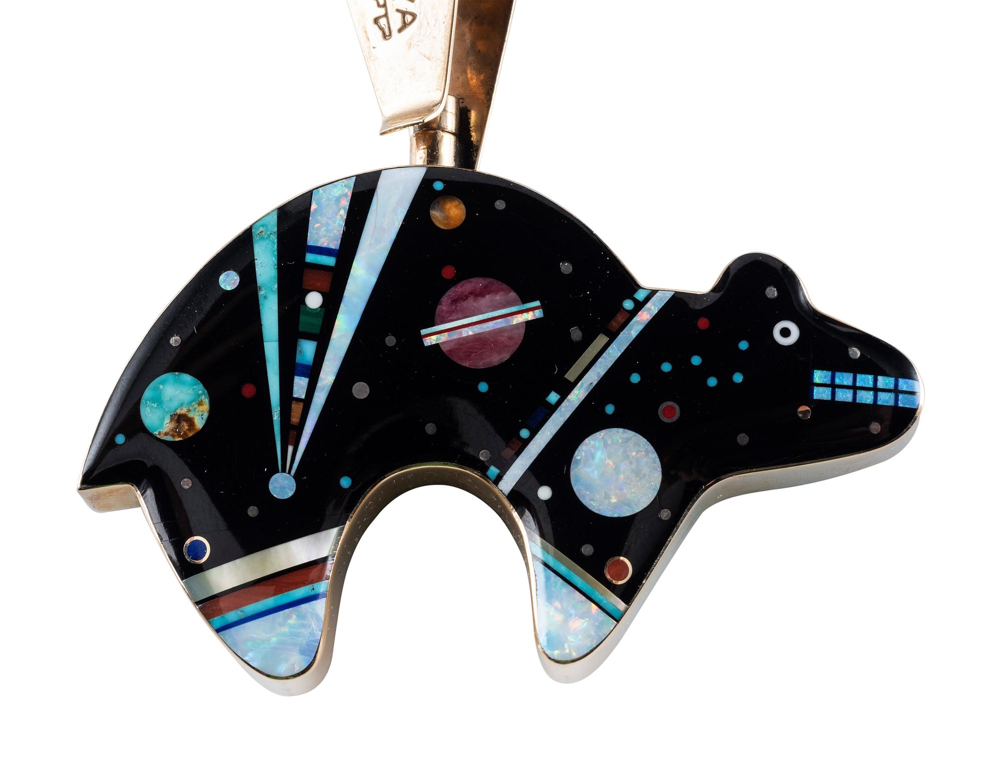 14K Gold Necklace, with Reversible Mosaic Inlay Bear Pendant