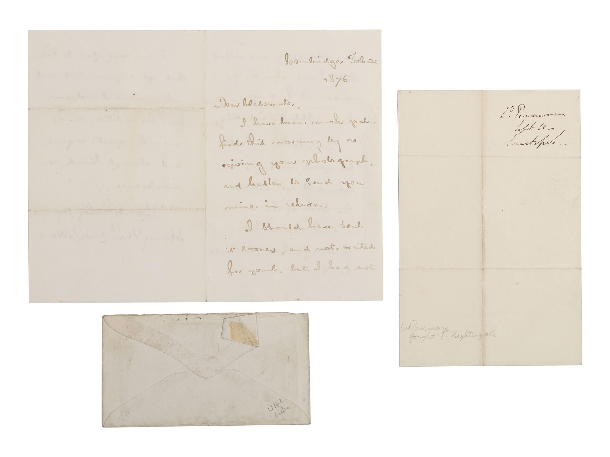 [LITERATURE]. LONGFELLOW, Henry Wadsworth. ALS with cover. [ With: ] ALS from Lord Panmore.