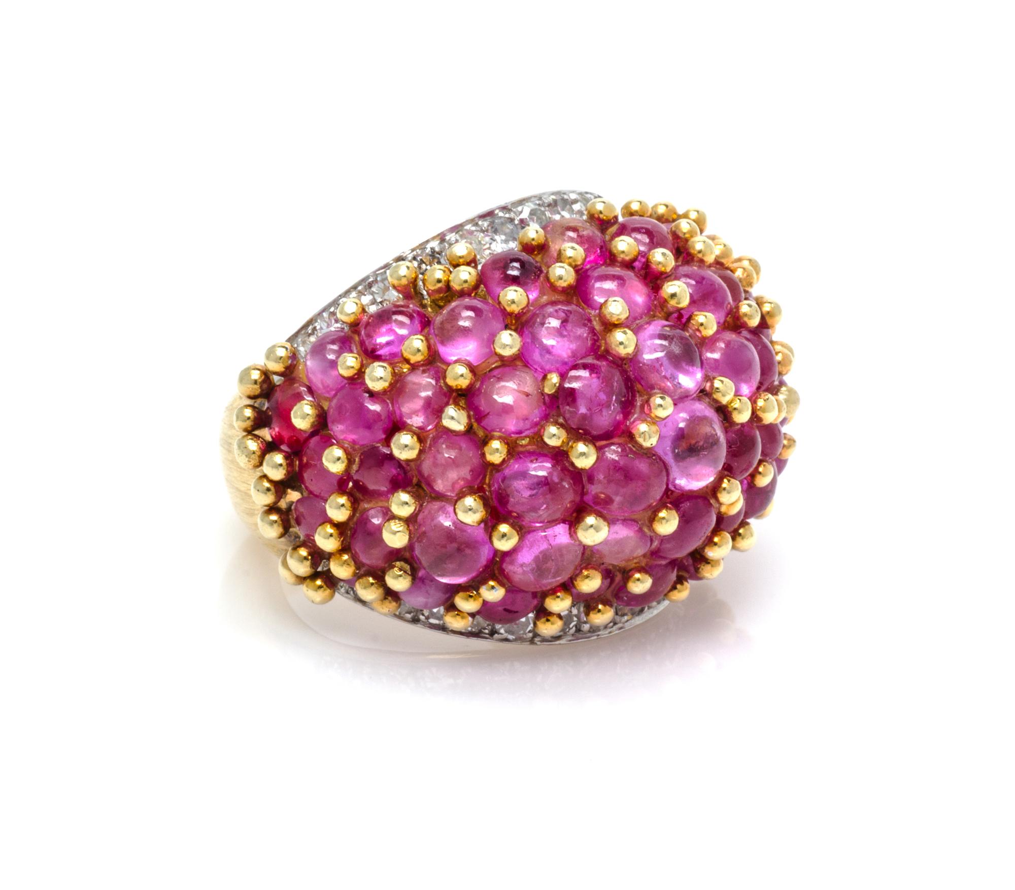 An 18 Karat Yellow Gold, Platinum, Pink Sapphire and Diamond Bombe Ring, 13.70 dwts.