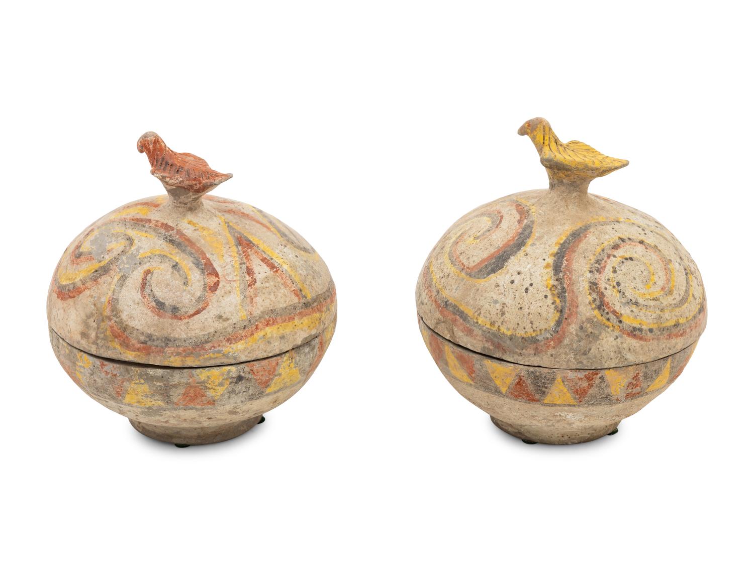 A Pair of Chinese Painted Pottery Round Boxes, together with Two Chinese Painted Pottery Vessels