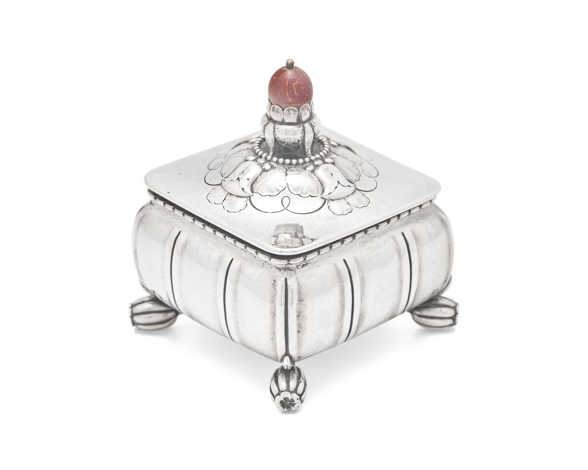 A Georg Jensen Silver and Turned Wood Mounted Box