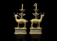 A pair of Chinese huangtong "Deer" lamps, Qing dynasty 鹿形燭臺一對 清