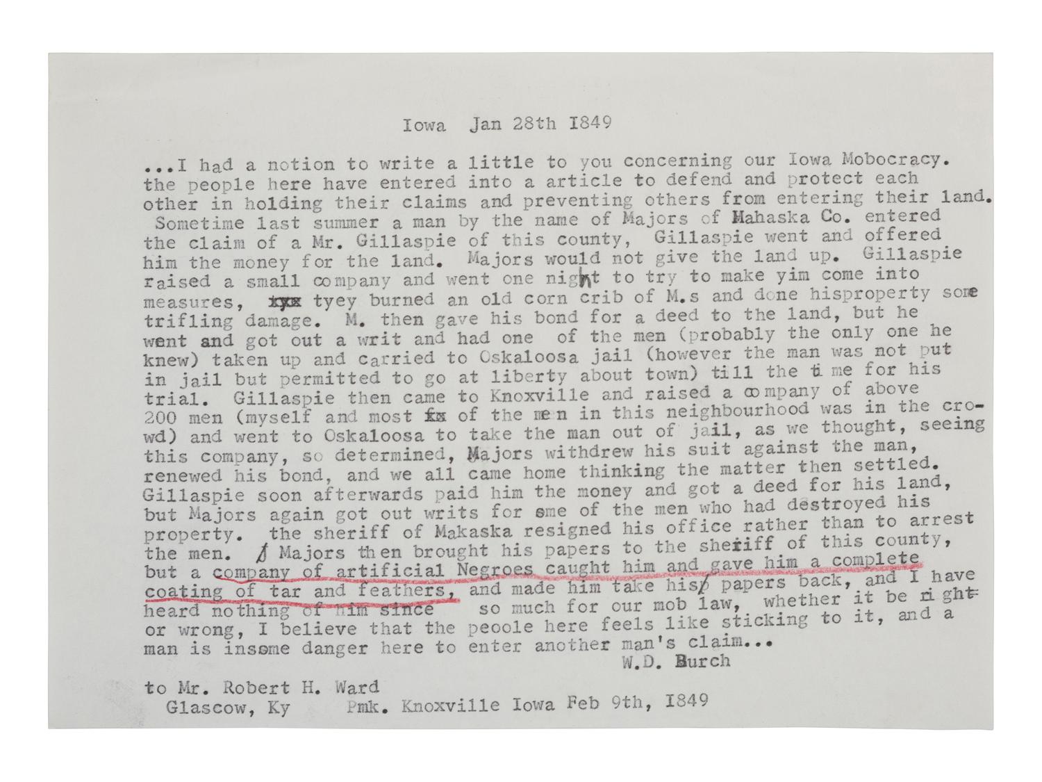 [AMERICANA]. 2 letters to Mr. R.H. Ward of Glasgow, KY, one discussing "Iowa Mobocracy."