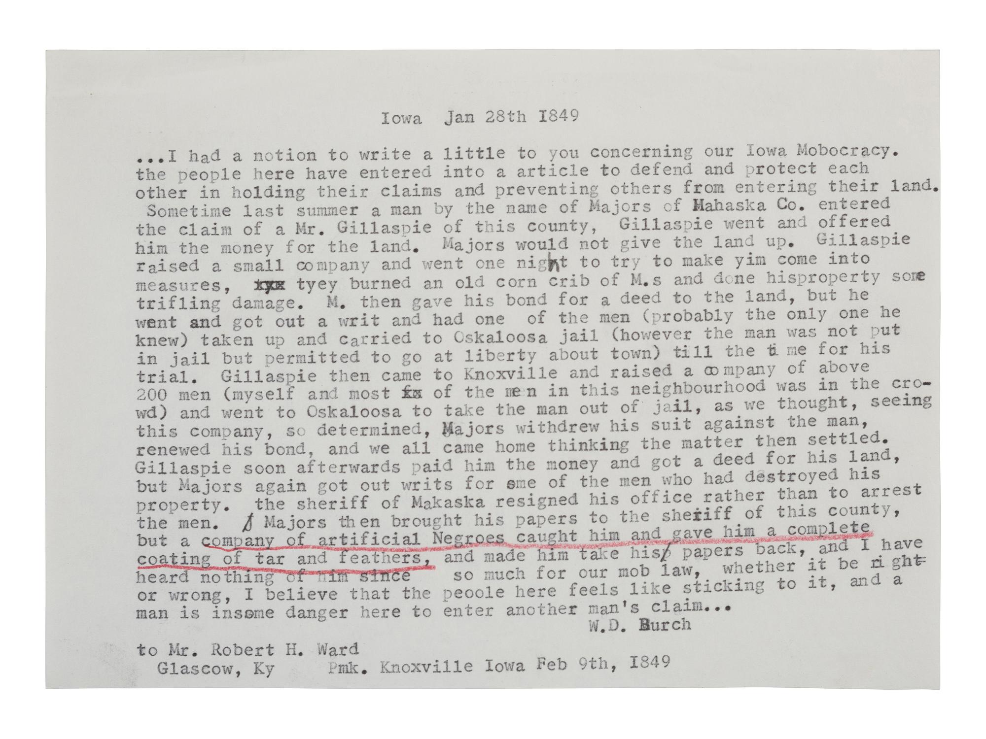 [AMERICANA]. 2 letters to Mr. R.H. Ward of Glasgow, KY, one discussing "Iowa Mobocracy."