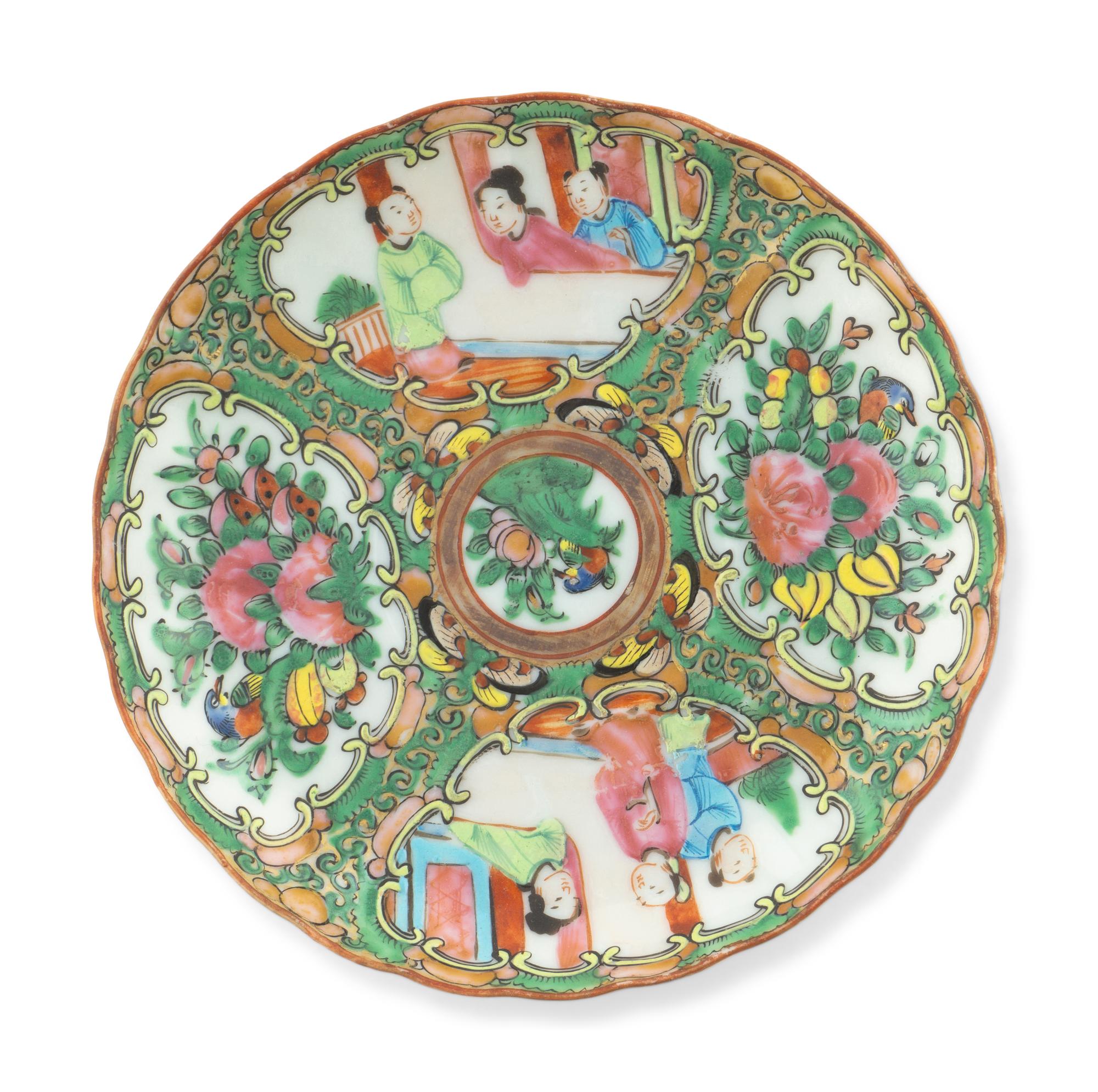 Three Chinese Export Rose Medallion Porcelain Teacups with Saucers