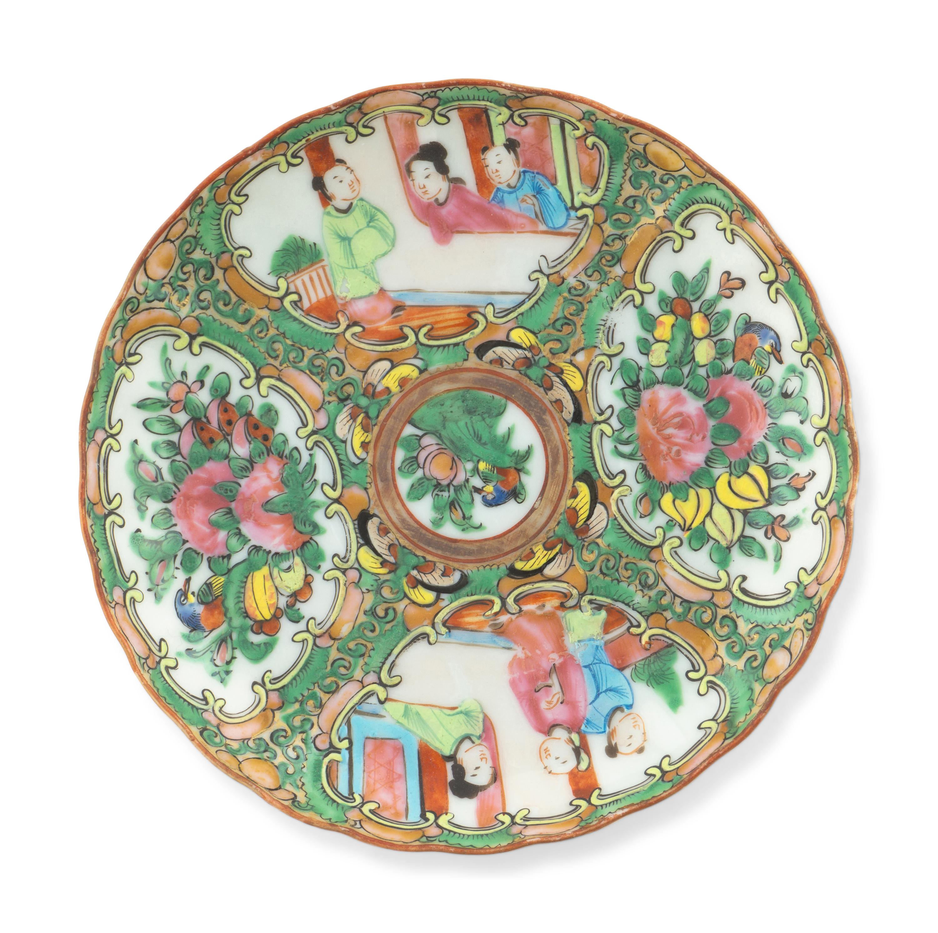 Three Chinese Export Rose Medallion Porcelain Teacups with Saucers