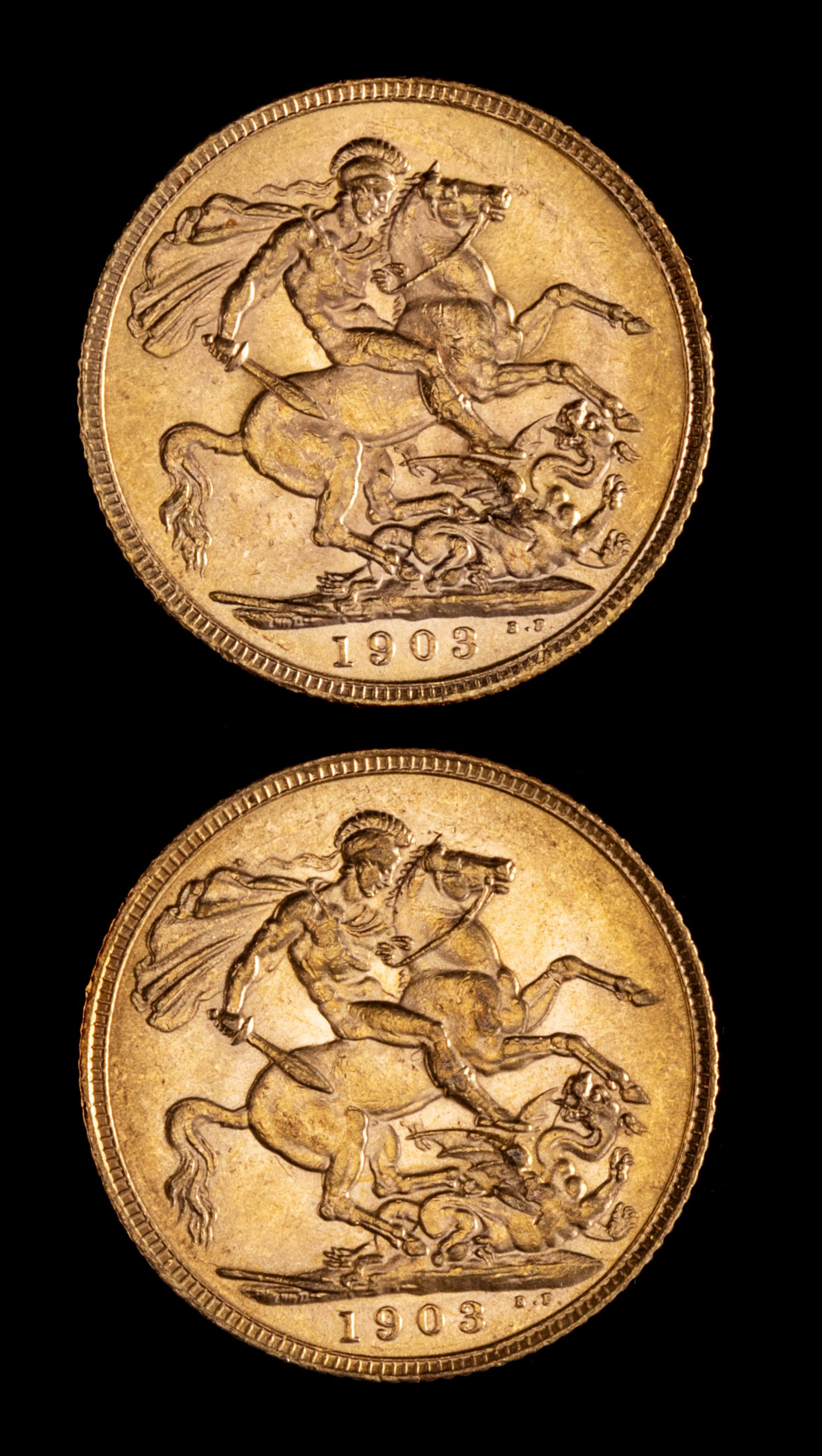 Two United Kingdom 1903 Sovereign: Edward VII-London Mint Gold Coin