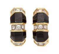 A Pair of Yellow Gold, Onyx and Diamond Earclips, 9.20 dwts.