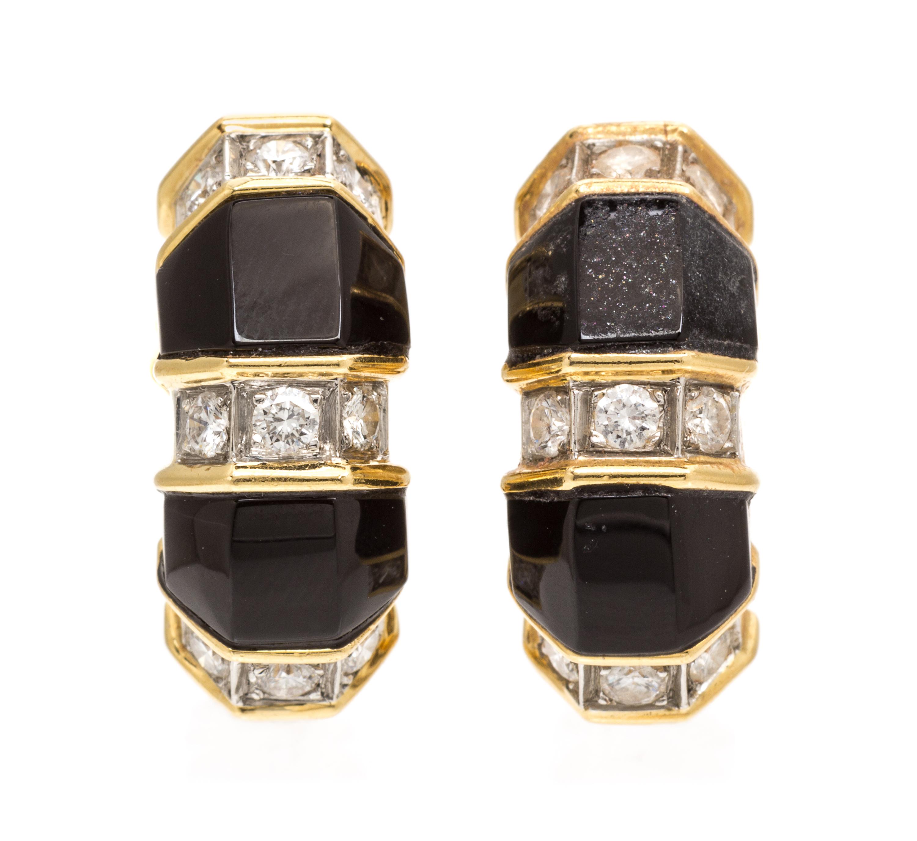 A Pair of Yellow Gold, Onyx and Diamond Earclips, 9.20 dwts.