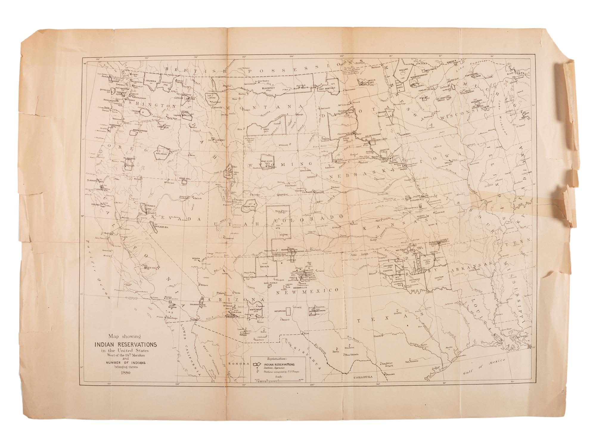 [NATIVE AMERICANS]. Map Showing Indian Reservations in the United States West of the 84th Meridian and Number of Indians Belonging Thereto 1880. N.p., 1880.