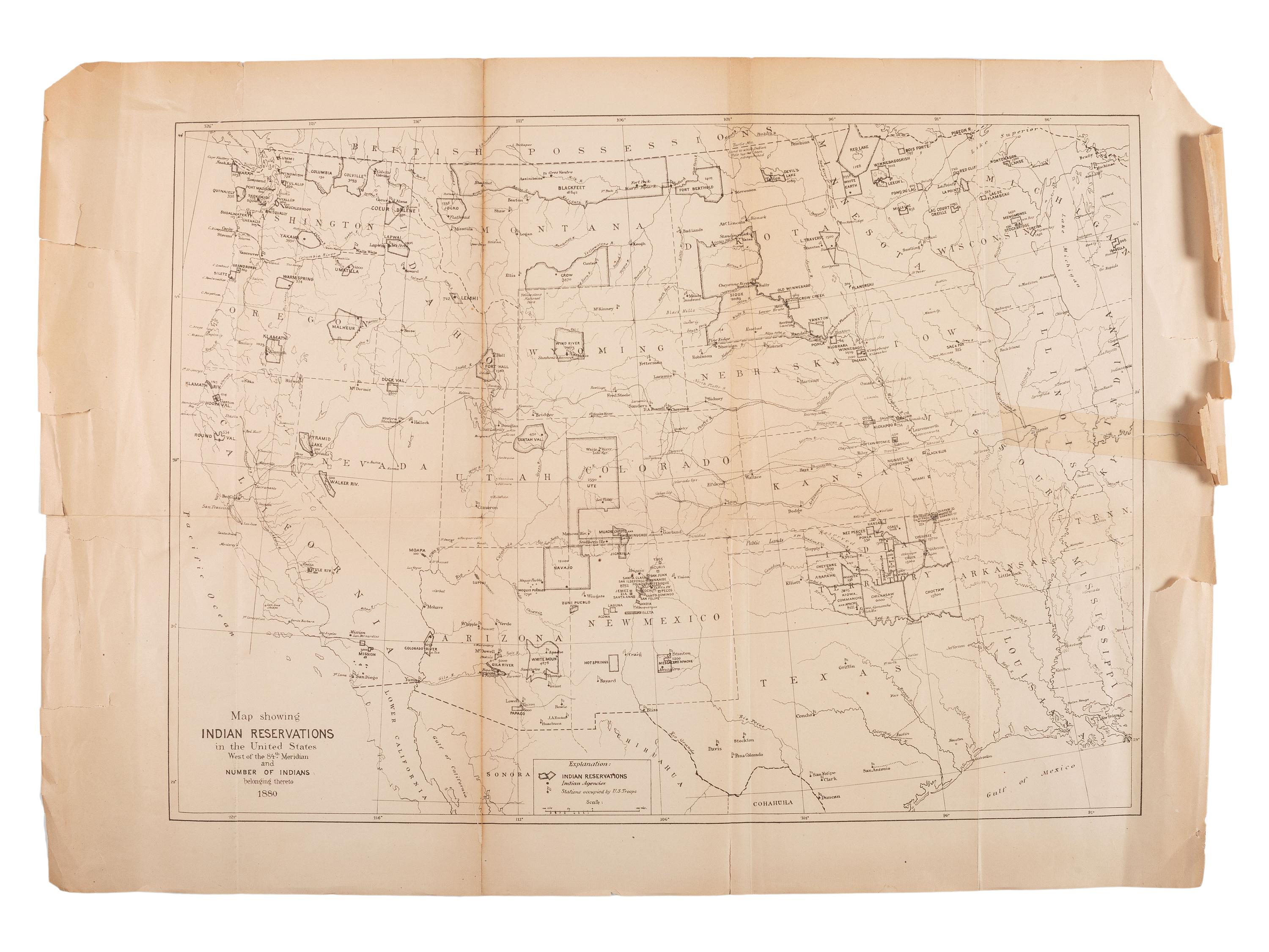 [NATIVE AMERICANS]. Map Showing Indian Reservations in the United States West of the 84th Meridian and Number of Indians Belonging Thereto 1880. N.p., 1880.