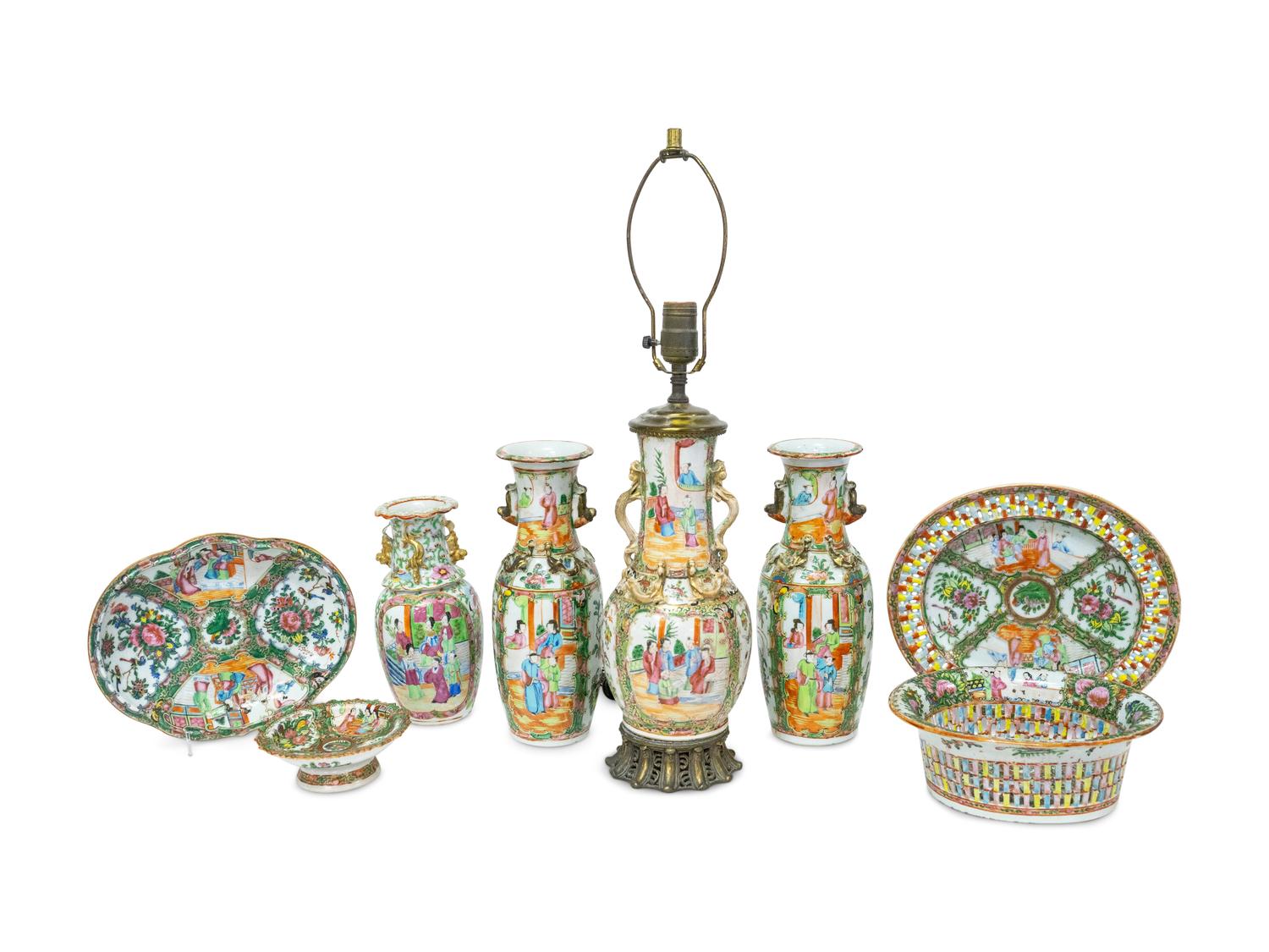 An Assembled Group of Eight Rose Medallion Porcelain Table Articles