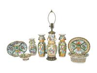 An Assembled Group of Eight Rose Medallion Porcelain Table Articles