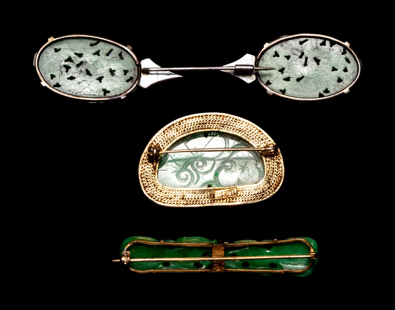 Three Chinese Silver Mounted Jadeite Brooches