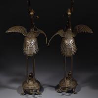 A Pair of Japanese Kaga Style Inlaid Bronze 'Crane and Minogame' Candelabra, Meiji Period — 日本明治時期 銅龜鶴齊齡燭臺一對