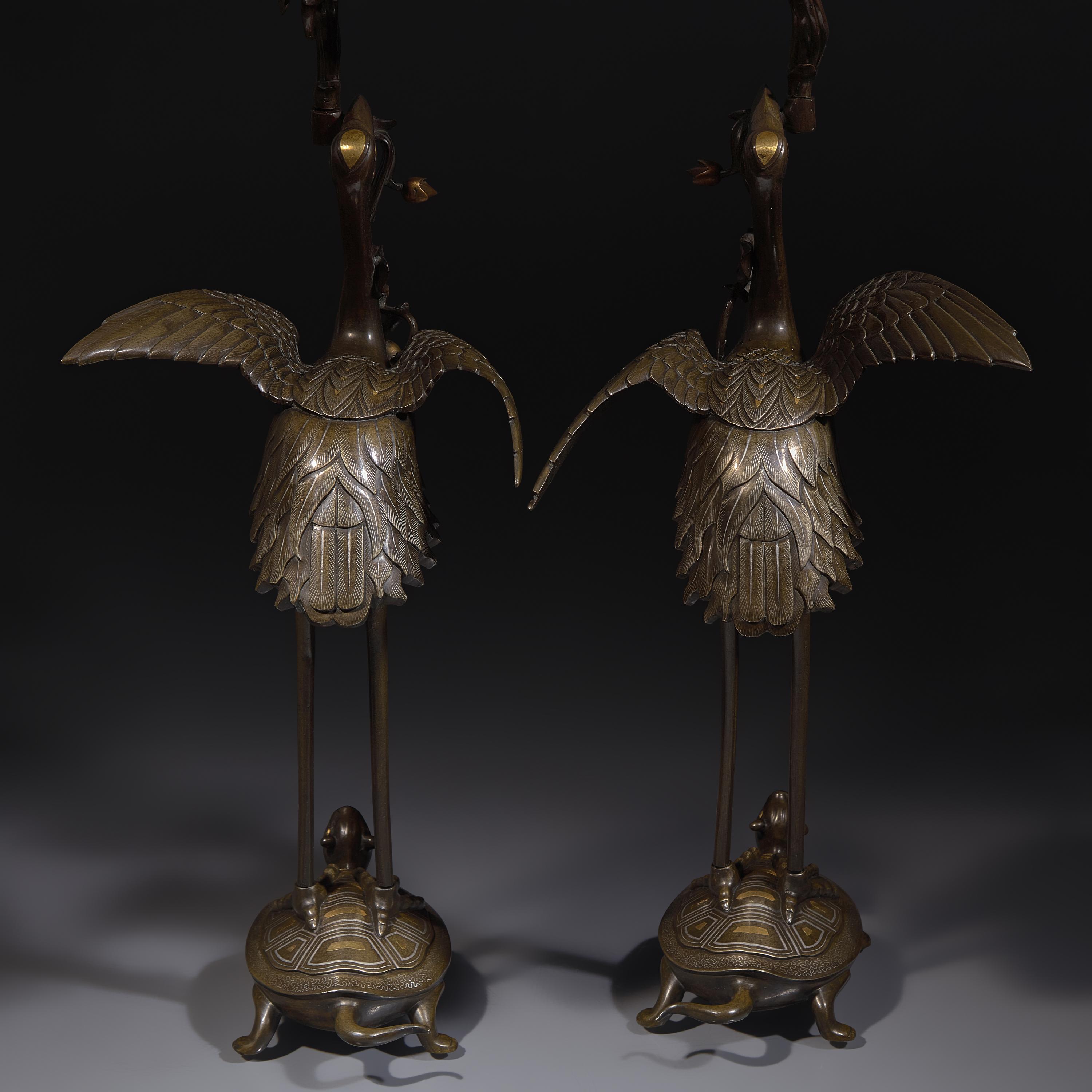 A Pair of Japanese Kaga Style Inlaid Bronze 'Crane and Minogame' Candelabra, Meiji Period — 日本明治時期 銅龜鶴齊齡燭臺一對