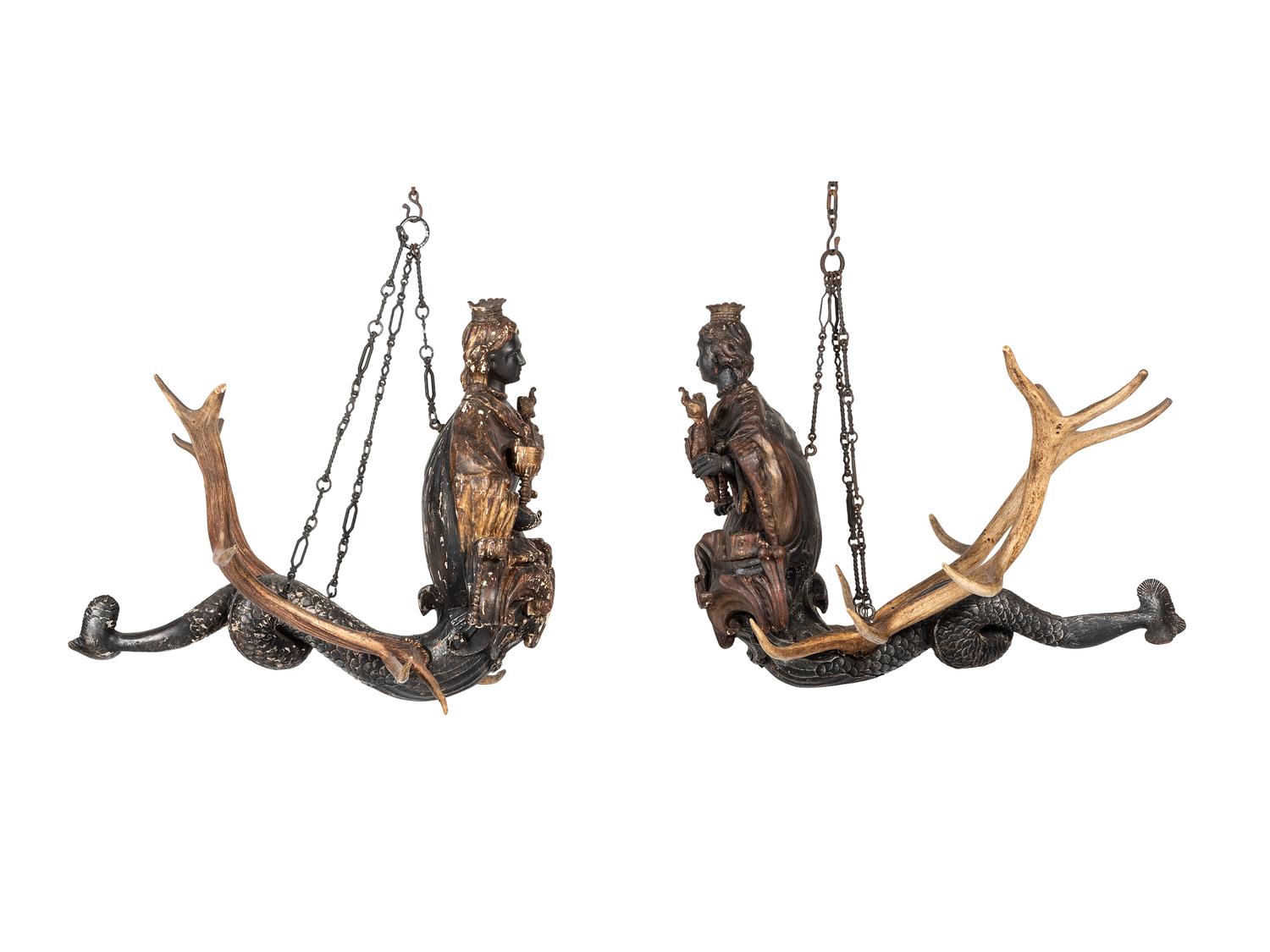 A Pair of Painted Wood and Antler-Mounted Lusterweibchen Chandeliers