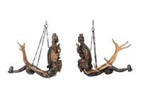 A Pair of Painted Wood and Antler-Mounted Lusterweibchen Chandeliers